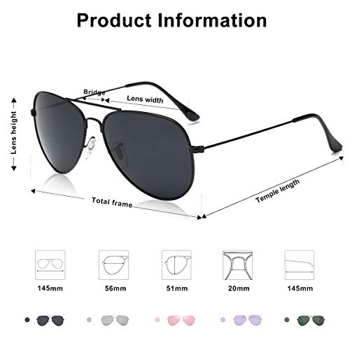 SojoS Gafas De Sol Para Hombres Y Mujeres Aviator Clásico Marco Metal Lentes Espejo Polarizadas SJ1054 Marco Negro/Lentes Grises