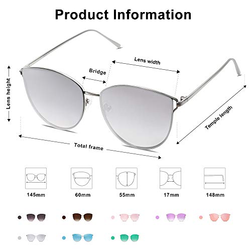 SOJOS Gafas De Sol Redonda Ojo De Gato Retra Plana Mujer Metal SJ1085 Con Marco Plateado/Lente Espejo Plateado