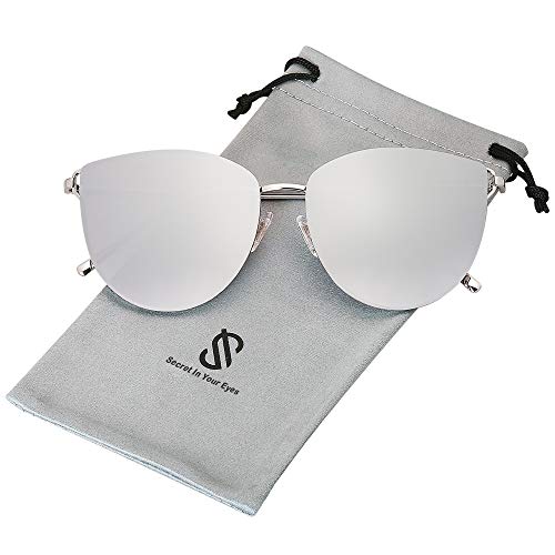 SOJOS Gafas De Sol Redonda Ojo De Gato Retra Plana Mujer Metal SJ1085 Con Marco Plateado/Lente Espejo Plateado