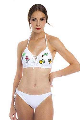 SOL Y PLAYA - Conjunto Bikini triangulo Halter Push up sin aro Braga estandar diseño Tropical Bordado Moderno para Mujer Chica señora (40 - M, Blanco)