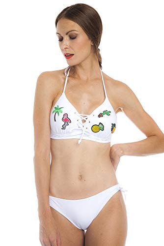SOL Y PLAYA - Conjunto Bikini triangulo Halter Push up sin aro Braga estandar diseño Tropical Bordado Moderno para Mujer Chica señora (40 - M, Blanco)