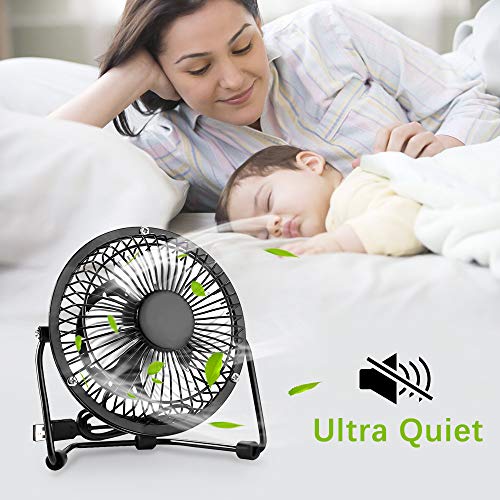 solawill Ventilador USB Mini Ventilador de Mesa Portátil Rotación 360º Pequeño y Potente Ventilador Silencioso para Hogar y Oficina o Viaje Metal Mini Fan - Negro