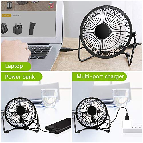 solawill Ventilador USB Mini Ventilador de Mesa Portátil Rotación 360º Pequeño y Potente Ventilador Silencioso para Hogar y Oficina o Viaje Metal Mini Fan - Negro