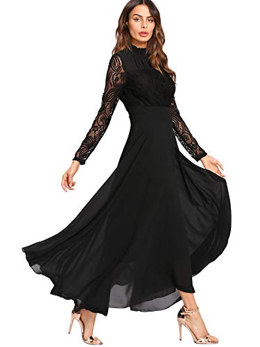 SOLY HUX Mujer Vestidos Largos de Encaje Gasa de Manga Larga con Cuello Redondo para Noche Fiesta o cóctel Boda