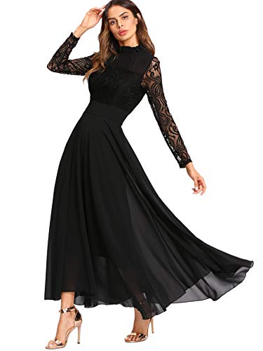 SOLY HUX Mujer Vestidos Largos de Encaje Gasa de Manga Larga con Cuello Redondo para Noche Fiesta o cóctel Boda
