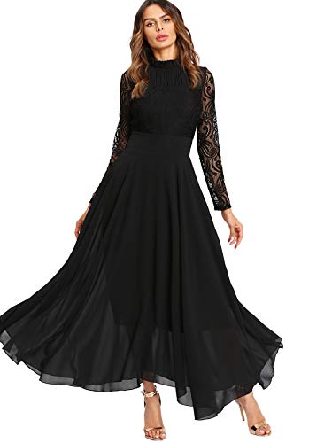 SOLY HUX Mujer Vestidos Largos de Encaje Gasa de Manga Larga con Cuello Redondo para Noche Fiesta o cóctel Boda