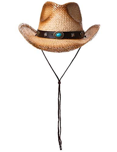 Sombrero de vaquera de Comhats unisex Western Outback de paja natural para verano, playa, sombrero, ala con correa para la barbilla Beige 99764_Beige Taille unique