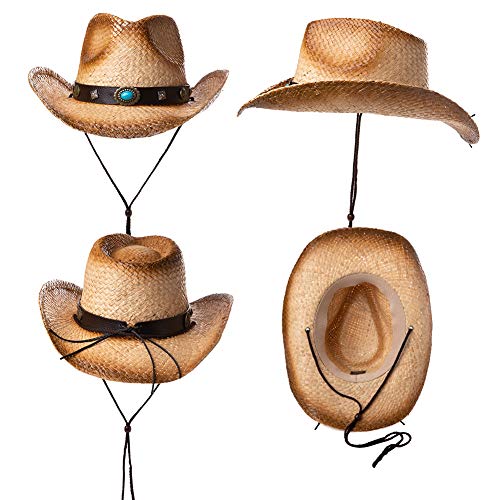 Sombrero de vaquera de Comhats unisex Western Outback de paja natural para verano, playa, sombrero, ala con correa para la barbilla Beige 99764_Beige Taille unique