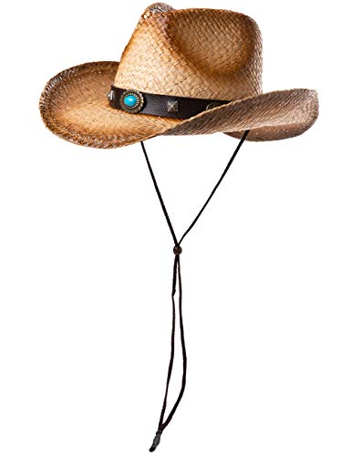Sombrero de vaquera de Comhats unisex Western Outback de paja natural para verano, playa, sombrero, ala con correa para la barbilla Beige 99764_Beige Taille unique