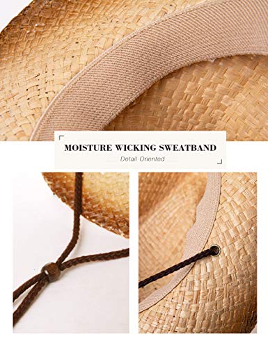 Sombrero de vaquera de Comhats unisex Western Outback de paja natural para verano, playa, sombrero, ala con correa para la barbilla Beige 99764_Beige Taille unique