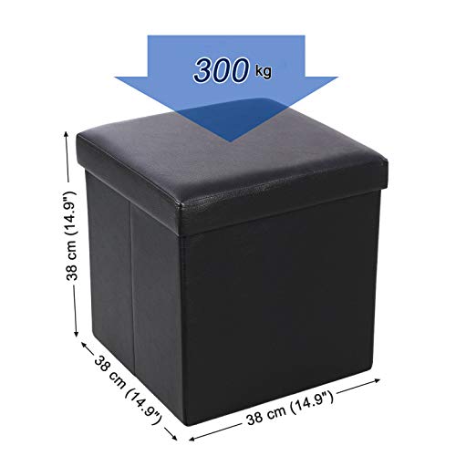 SONGMICS 38 x 38 x 38 cm Baúl Puff Taburete para almacenaje Plegable Carga máxima de 300 kg Negro LSF101