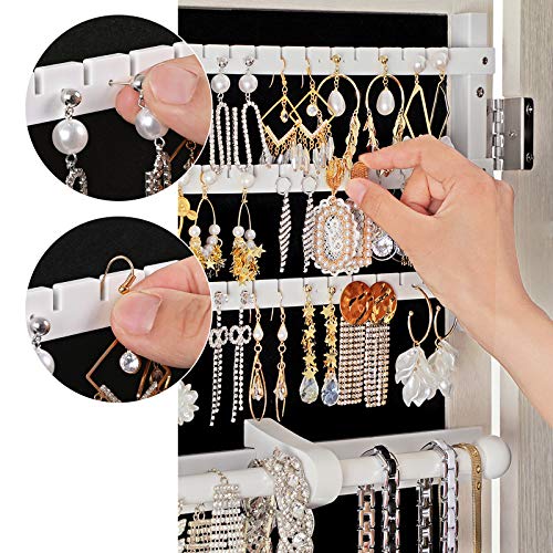 SONGMICS Armario de Joyería Montado en la Pared, Organizador de Joyería de Madera Maciza con Cierre y Espejo, Armario de Joyería Que Ahorra Espacio, 36 x 9,2 x 80 cm,Blanco Angustiado JJC53WT