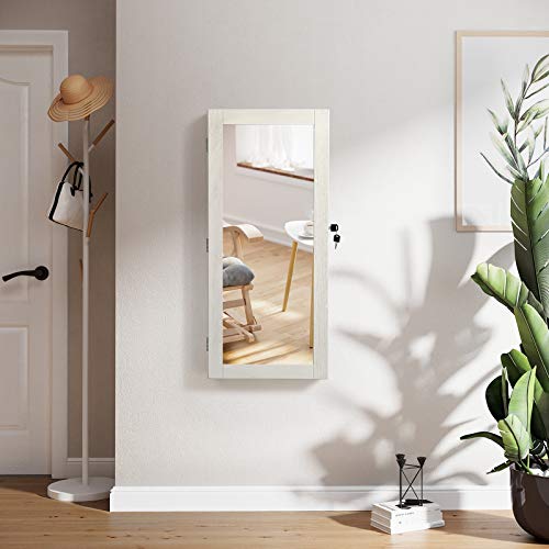 SONGMICS Armario de Joyería Montado en la Pared, Organizador de Joyería de Madera Maciza con Cierre y Espejo, Armario de Joyería Que Ahorra Espacio, 36 x 9,2 x 80 cm,Blanco Angustiado JJC53WT