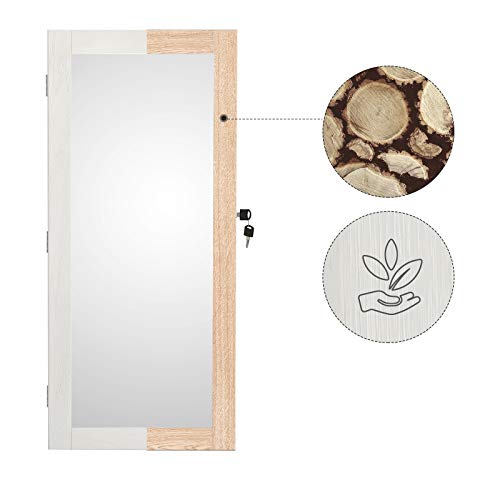 SONGMICS Armario de Joyería Montado en la Pared, Organizador de Joyería de Madera Maciza con Cierre y Espejo, Armario de Joyería Que Ahorra Espacio, 36 x 9,2 x 80 cm,Blanco Angustiado JJC53WT