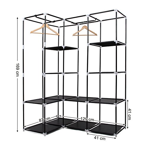 SONGMICS Armario Guardarropa de Tela, Ropero Esquinero Plegable, 129 x 87 x 169 cm, Color Negro LSF42H