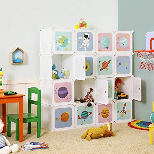 SONGMICS Armario Modular Infantil de 16 Cubos, Organizador Modular para Niños, Estantes de Cubo de Plástico, con Puertas, para Ropa, Zapatos, Juguetes, 123 x 31 x 123 cm, Blanco LPC902W