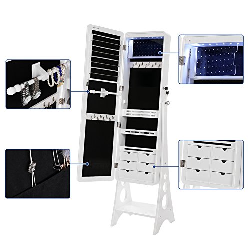 SONGMICS Armario para Joyas, Espejo Joyero con 8 Luces LED, Espejo con Bordes Redondeados, Organizador de Joyas de Pie, con Cerradura y 6 Cajones, Placa para Aretes, Blanco JBC89WT