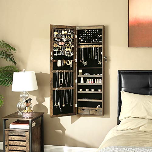 SONGMICS Armario para Joyas, Gabinete con Cerradura de Pared, Organizador de Almacenamiento para Pendiente Collar, con Espejo y Varios Compartimentos, Marrón Rústico JJC93CB