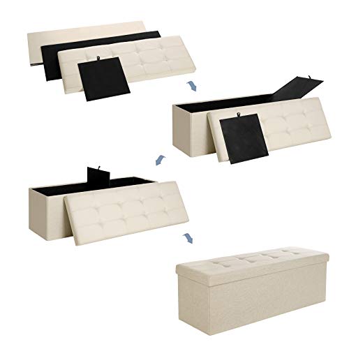 SONGMICS Banco con Espacio de Almacenamiento, Cofre, Caja de Almacenamiento, Plegable, Carga Estática Máx. 300 kg, con Separador Metálico, 120 L, 110 x 38 x 38 cm, Imitación Lino, Beige LSF77B