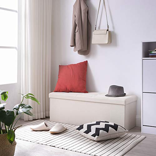 SONGMICS Banco con Espacio de Almacenamiento, Cofre, Caja de Almacenamiento, Plegable, Carga Estática Máx. 300 kg, con Separador Metálico, 120 L, 110 x 38 x 38 cm, Imitación Lino, Beige LSF77B