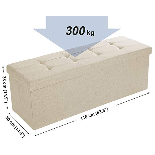 SONGMICS Banco con Espacio de Almacenamiento, Cofre, Caja de Almacenamiento, Plegable, Carga Estática Máx. 300 kg, con Separador Metálico, 120 L, 110 x 38 x 38 cm, Imitación Lino, Beige LSF77B