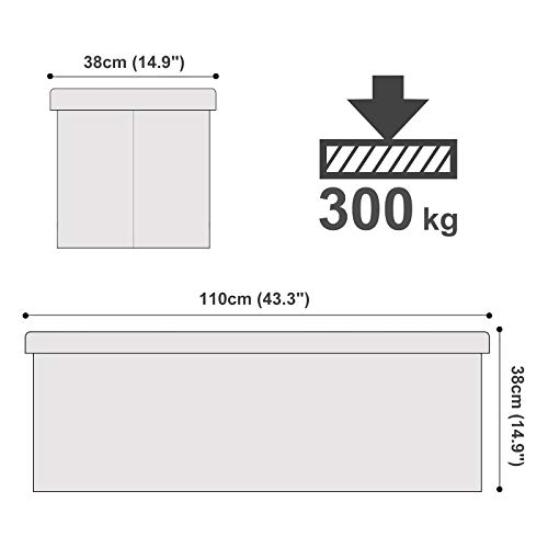 SONGMICS Baúl Puff Taburete para almacenaje Plegable Carga Máxima de 300 kg Blanco 110 x 38 x 38 cm LSF75WT