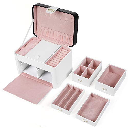 SONGMICS Caja de joyas, Organizador de joyas con cerradura, con Espejo giratorio, para Collares, Anillos, Aretes, Pendientes, Relojes, Buena idea de regalo JBC149WT