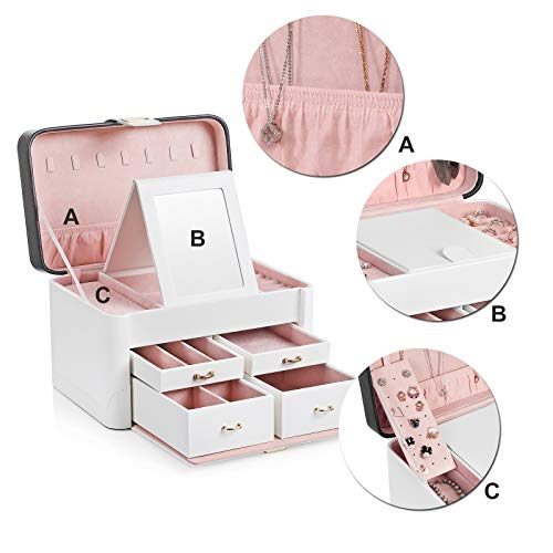 SONGMICS Caja de joyas, Organizador de joyas con cerradura, con Espejo giratorio, para Collares, Anillos, Aretes, Pendientes, Relojes, Buena idea de regalo JBC149WT