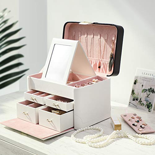 SONGMICS Caja de joyas, Organizador de joyas con cerradura, con Espejo giratorio, para Collares, Anillos, Aretes, Pendientes, Relojes, Buena idea de regalo JBC149WT