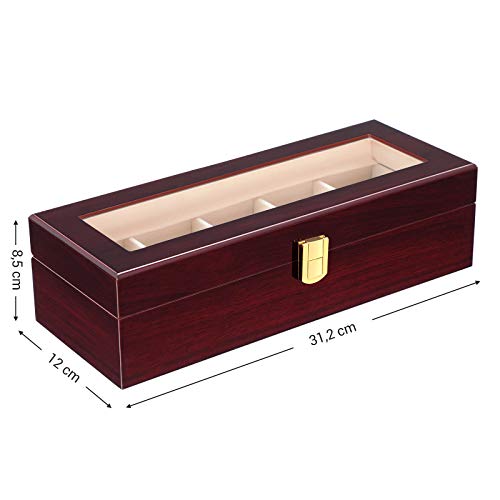 SONGMICS Caja de Relojes con 5 Compartimientos, Estuche de Madera para Relojes, Tapa de Vidrio, Almohadillas Extraíbles, Forro de Terciopelo, Cierre de Metal, Color Caoba JOW05RD