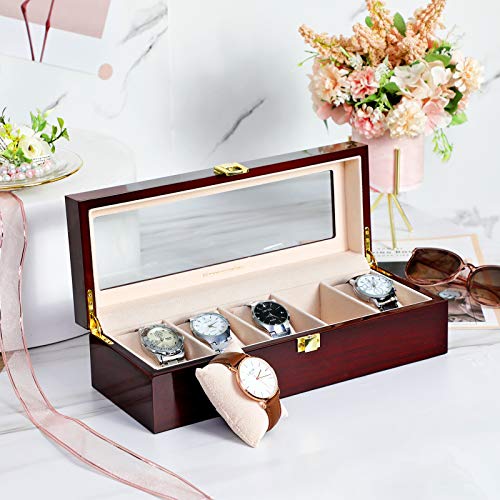 SONGMICS Caja de Relojes con 5 Compartimientos, Estuche de Madera para Relojes, Tapa de Vidrio, Almohadillas Extraíbles, Forro de Terciopelo, Cierre de Metal, Color Caoba JOW05RD