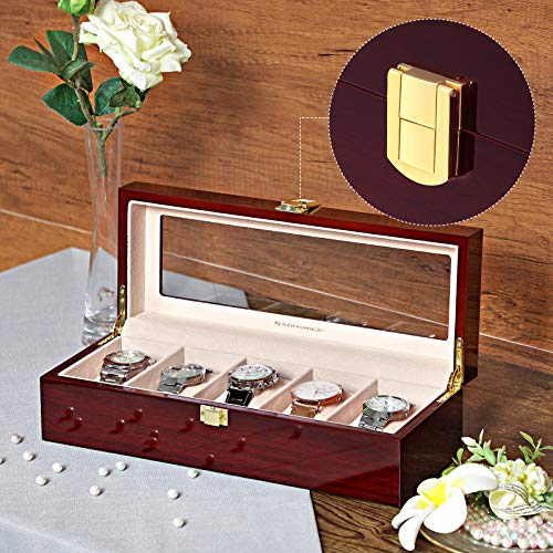SONGMICS Caja de Relojes con 5 Compartimientos, Estuche de Madera para Relojes, Tapa de Vidrio, Almohadillas Extraíbles, Forro de Terciopelo, Cierre de Metal, Color Caoba JOW05RD