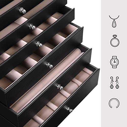 SONGMICS Caja Joyero Grande, con 8 Cajones para Anillos, Aretes, Pendientes y Collares, Almacenamiento Moderno, Negro JBC11B