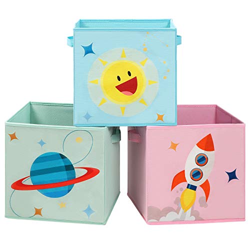 SONGMICS Cajas de Almacenaje, Juego de 3, Organizadoras de Juguetes, Cubos Plegables con Asas, para Habitación de Niños, Sala de Juegos, 30 x 30 x 30 cm, Tema del Espacio, Azul, Verde y Rosa RFB001Y03
