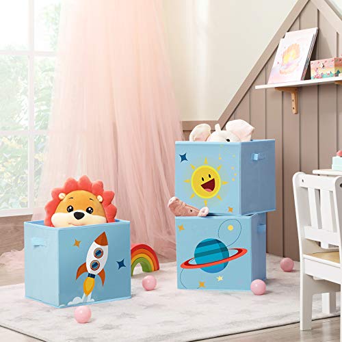 SONGMICS Cajas de Almacenaje, Juego de 3, Organizadoras de Juguetes, Cubos Plegables con Asas, para Habitación de Niños, Sala de Juegos, 30 x 30 x 30 cm, Tema del Espacio, Azul RFB001B03