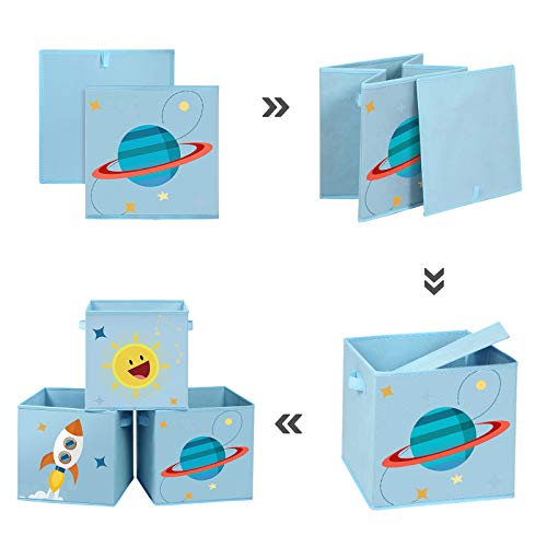 SONGMICS Cajas de Almacenaje, Juego de 3, Organizadoras de Juguetes, Cubos Plegables con Asas, para Habitación de Niños, Sala de Juegos, 30 x 30 x 30 cm, Tema del Espacio, Azul RFB001B03