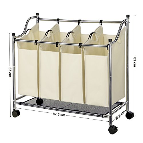 SONGMICS Carrito de Lavandería, Cesta de lavandería, Colector de Ropa con 4 Bolsas de Tela Extraíbles, Clasificador de Ropa, Robusto, 4 x 35 litros, Beige LSF005S