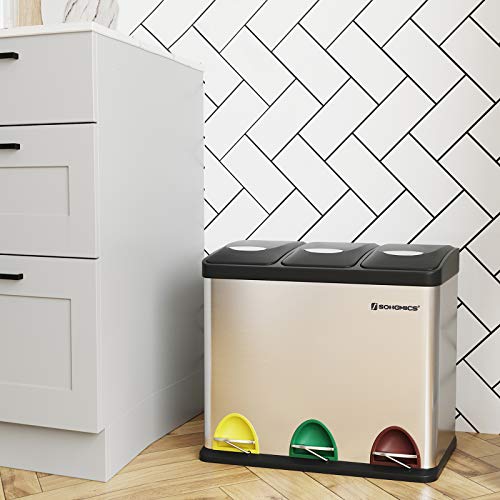 SONGMICS Cubo de Basura, Basurero con Pedal 3 en 1, 24 litros, Sistema de Separación de Residuos para la Cocina, Duradero, Fácil de Limpiar, Acero, Color Plata LTB24L
