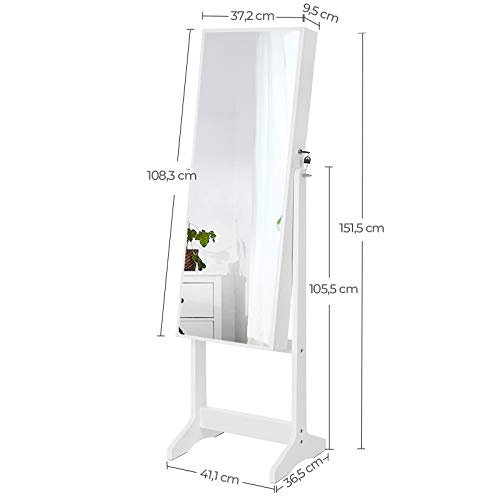 SONGMICS Gabinete de JoyerÍa, Armario con Espejo, Espejo de Pie, Espejo Largo Completo, Organizador de JoyerÍa con Cerradura, Ideal de Regalo, Blanco JJC69WT