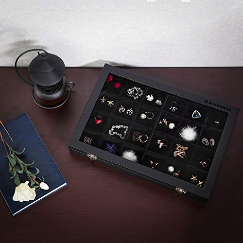 Songmics JDS303 - Joyero con 24 compartimentos, con forro de terciopelo, tapa de cristal y cierre, idea de regalo, color negro JDS303, cristal, 35 x 24 x 4,3 cm
