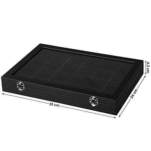 Songmics JDS303 - Joyero con 24 compartimentos, con forro de terciopelo, tapa de cristal y cierre, idea de regalo, color negro JDS303, cristal, 35 x 24 x 4,3 cm