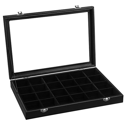 Songmics JDS303 - Joyero con 24 compartimentos, con forro de terciopelo, tapa de cristal y cierre, idea de regalo, color negro JDS303, cristal, 35 x 24 x 4,3 cm