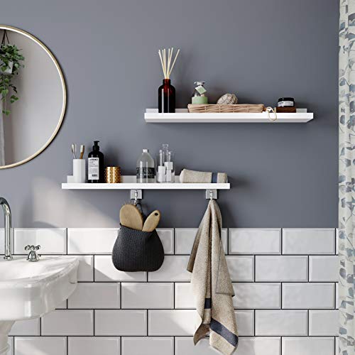 SONGMICS Juego de 2 Estantes de Pared, 2 Estantes Flotantes con Acabado Brillante, 60 x 10 cm, para Marcos de Foto y Libros, Blanco LWS60WT