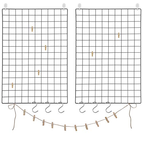SONGMICS Juego de 2 Paneles de Malla, Pantalla para Foto, 65 x 45 cm, Decoración de Pared Metálica, Múltifuncional, Bricolaje, Exhibición de Arte, Gancho S, Pinzas, Cordón de Cáñamo, Negro LPP02H