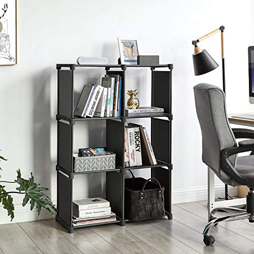 SONGMICS Librería de 6 Cubos, Estantería de Escalera de Tela, Armario de Almacenamiento, Montaje Bricolaje, para Salón, Dormitorio, Estudio, para Juguetes y Libros, Separador, Negro LSN63BKV1