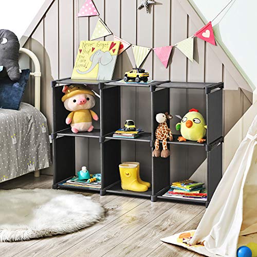 SONGMICS Librería de 6 Cubos, Estantería de Escalera de Tela, Armario de Almacenamiento, Montaje Bricolaje, para Salón, Dormitorio, Estudio, para Juguetes y Libros, Separador, Negro LSN63BKV1