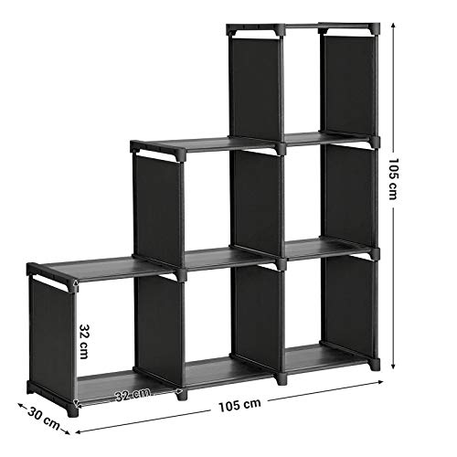 SONGMICS Librería de 6 Cubos, Estantería de Escalera de Tela, Armario de Almacenamiento, Montaje Bricolaje, para Salón, Dormitorio, Estudio, para Juguetes y Libros, Separador, Negro LSN63BKV1