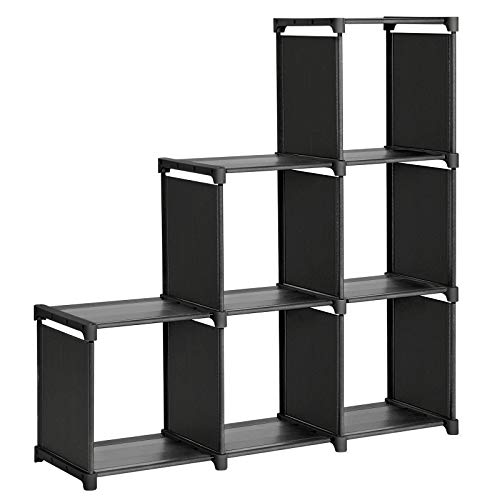 SONGMICS Librería de 6 Cubos, Estantería de Escalera de Tela, Armario de Almacenamiento, Montaje Bricolaje, para Salón, Dormitorio, Estudio, para Juguetes y Libros, Separador, Negro LSN63BKV1