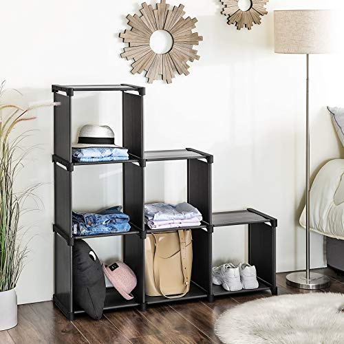 SONGMICS Librería de 6 Cubos, Estantería de Escalera de Tela, Armario de Almacenamiento, Montaje Bricolaje, para Salón, Dormitorio, Estudio, para Juguetes y Libros, Separador, Negro LSN63BKV1