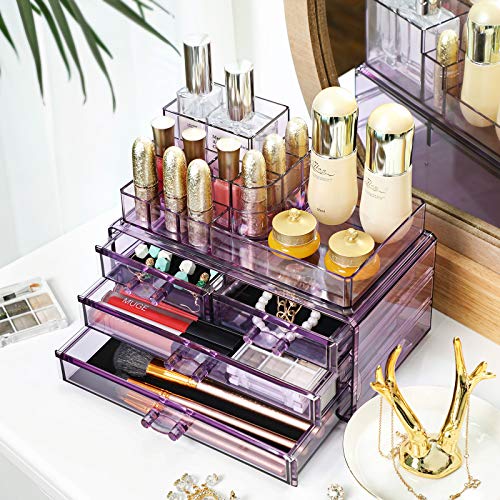 SONGMICS Organizador Cosmético, Estuche de Maquillaje con 4 Cajones y 11 Compartimentos de Diferentes Tamaños, Esteras Antideslizantes, Maquillaje y Joyería, Color Lavanda JKA001PL